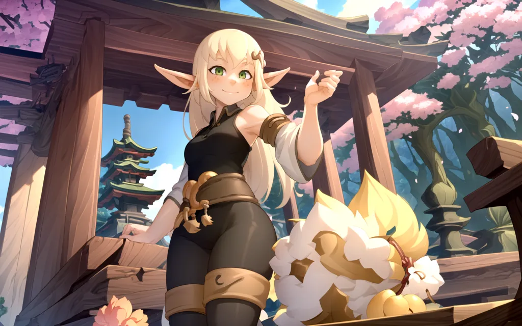 The image is in an anime style and depicts a blonde elf girl in a black outfit with green eyes and pointy ears. She is standing on a wooden balcony or walkway, with a small white creature with yellow fur and a poofy tail standing on the railing beside her. The background is a blurred landscape of a traditional Japanese village, with cherry blossom trees and a pagoda. The girl is smiling and has her right hand raised, as if she is pointing at something off-screen.