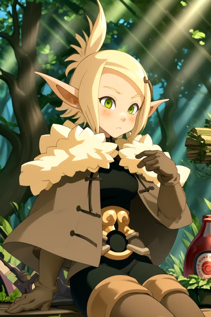 The image shows a young woman with long blond hair and green eyes. She has pointed ears and is wearing a brown cloak with a white fur collar. She is also wearing a black shirt and brown pants. She is sitting on a rock in a forest, and there is a bottle of red wine next to her. She is looking at the viewer with a curious expression on her face.