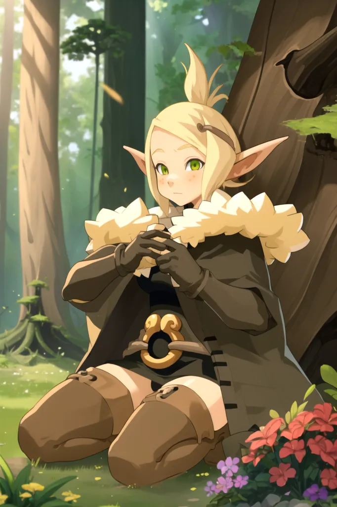 The image is of a young girl with long blonde hair and green eyes. She has pointy ears and is wearing a brown cloak with a white fur collar. She is sitting on the ground in a forest, leaning against a tree. There are flowers in front of her and leaves and branches all around. The girl is looking at the viewer with a shy smile on her face.