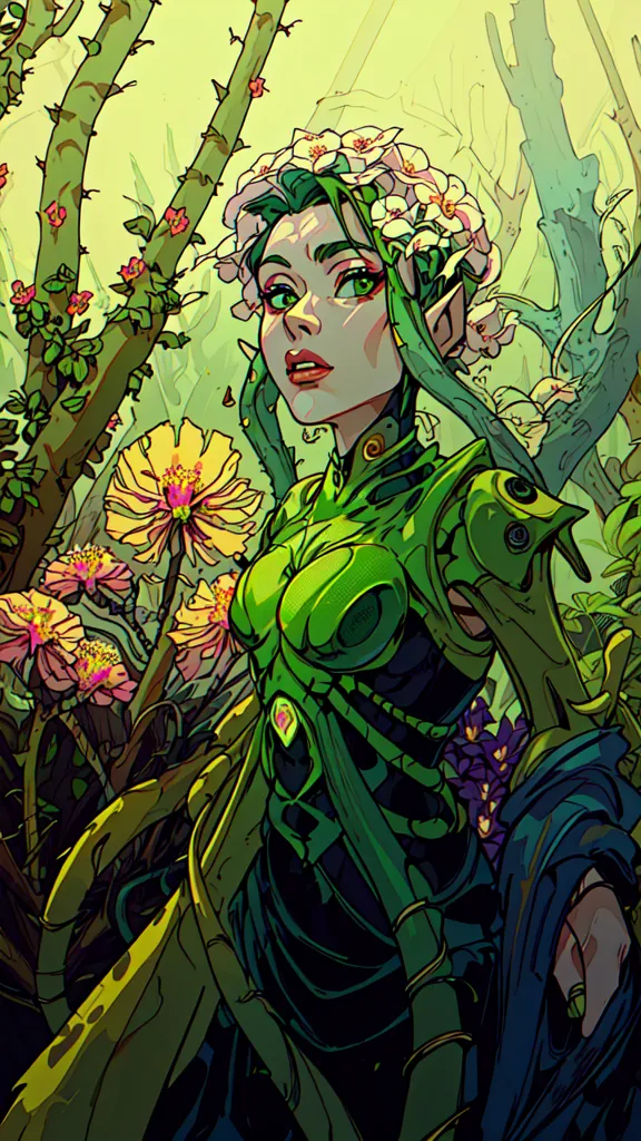 Esta imagen es de una mujer de piel verde con cabello verde largo de pie en un frondoso bosque con flores rosas y amarillas. Lleva un body verde con acentos metálicos y tiene una corona de flores en la cabeza. Mira al espectador con una expresión seria.