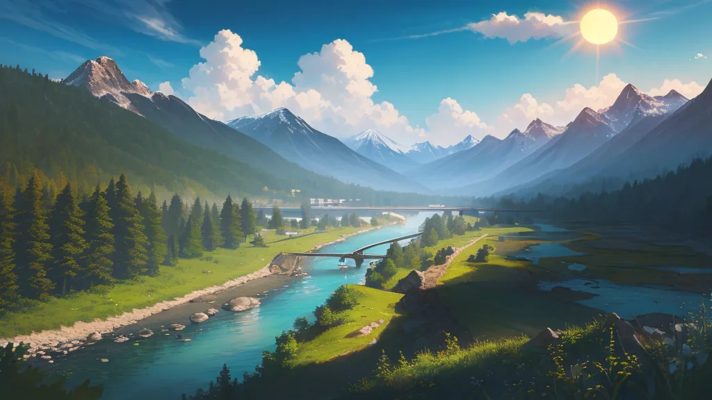 This is a beautiful landscape image. There is a river in the foreground, with a bridge spanning it. In the background, there is a mountain range, with the peaks covered in snow. The sky is blue and there are some clouds. The sun is shining brightly. The image is very peaceful and serene.