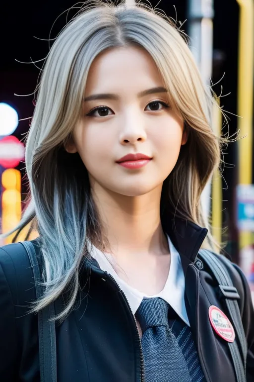 The image shows a young woman with long, light brown hair and dark brown eyes. She is wearing a white shirt, a black jacket, and a gray tie. She is also wearing a small, round, white button on her jacket. The background is blurred, but it looks like she is in a city.