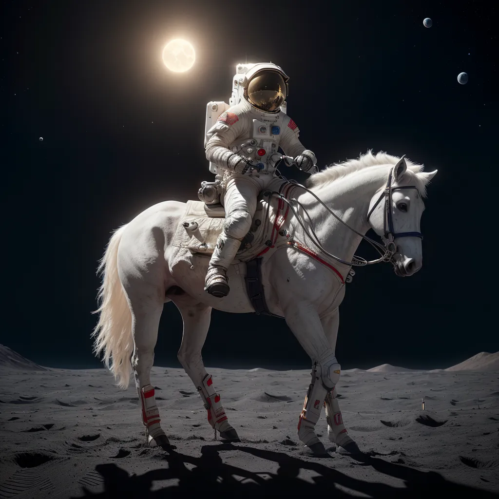 L'image montre un astronaute sur un cheval blanc. L'astronaute porte une combinaison spatiale et monte le cheval sur la lune. L'arrière-plan est un ciel sombre avec des étoiles et des planètes. Le cheval marche lentement. L'astronaute est assis bien droit dans la selle et tient les rênes. Le cheval porte une selle spatiale et a un casque spatial. L'astronaute regarde droit devant lui.