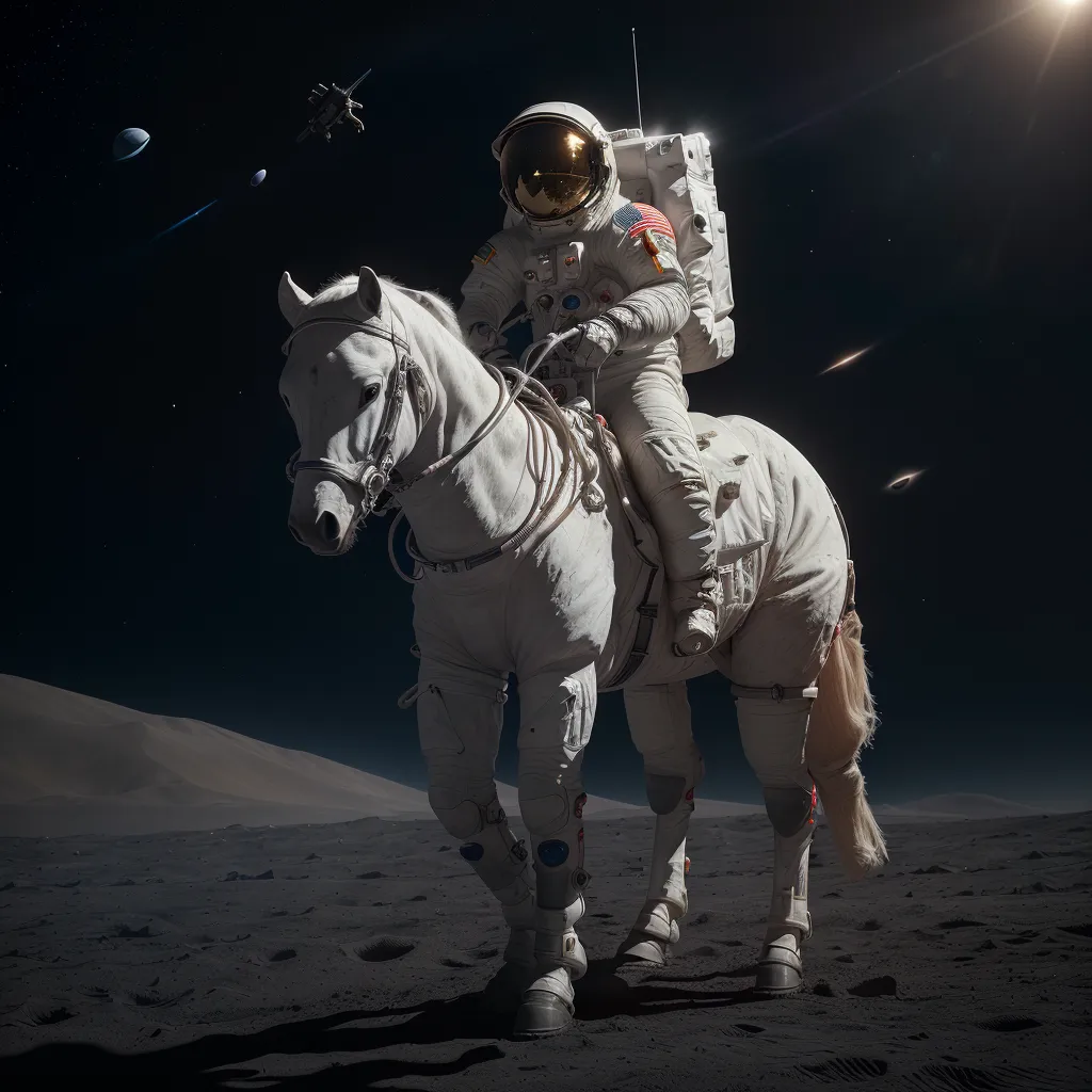 A imagem mostra um astronauta montado em um cavalo branco na lua. O astronauta está usando um traje espacial e um capacete com uma viseira. O cavalo também está usando um traje espacial. Há uma nave espacial ao fundo. A superfície da lua está coberta de crateras e rochas. Há uma grande rocha lunar ao fundo. A imagem é realista e detalhada.