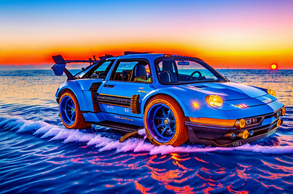 This is a blue, yellow, and orange retro futuristic car. It is driving on the surface of the ocean. The car has a spoiler, a roof rack, and large yellow wheels. The sky is orange and the sun is setting. The car is surrounded by splashing water.