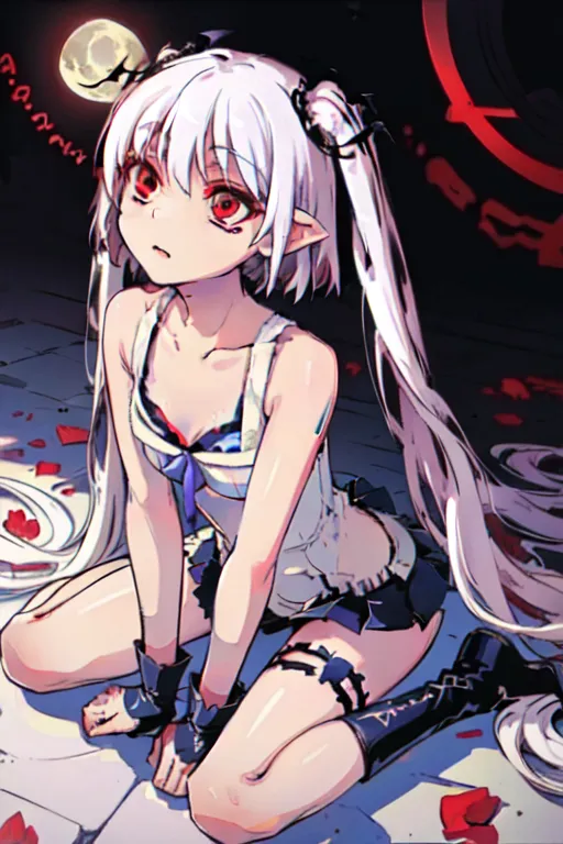 The image depicts a young girl with long white hair and red eyes. She is wearing a white and black dress and has a pair of black horns on her head. She is kneeling on the ground and looking up at the viewer with a pleading expression on her face. The background is dark and there is a full moon in the sky.