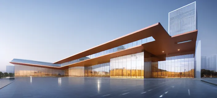 The image shows a modern glass and steel building with a large reflecting pool in front of it. The building is orange and has a curved roof. There are trees and plants around the building. The sky is blue and there are some clouds in the distance. The building is reflecting the sky and the trees. There is a city in the background.