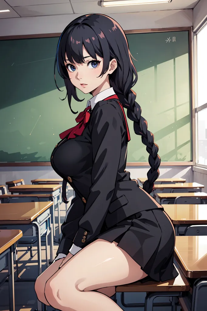 The image is a painting of a young woman with long black hair and blue eyes. She is wearing a black school uniform and a red bow tie. She is sitting on a chair in a classroom. There are empty desks and chairs in the background. The blackboard has Japanese characters. The painting is in a realistic style and the colors are vibrant. The woman's expression is serious and she is looking at the viewer.