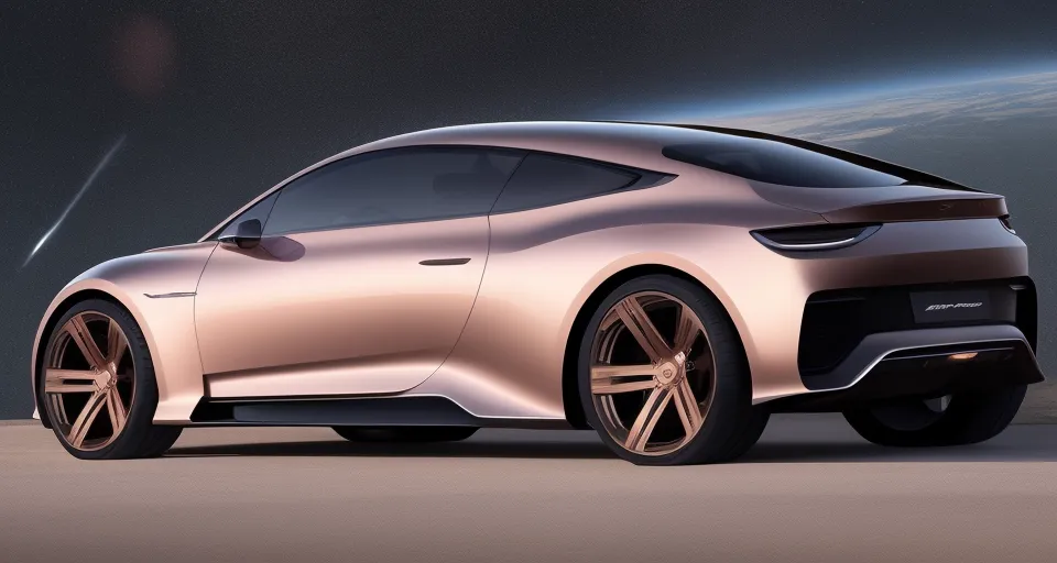 The image shows a sleek and futuristic-looking car. It is a four-door coupe with a long hood and a short trunk. The car is finished in a rose gold color and has black wheels. The car is also very low to the ground.