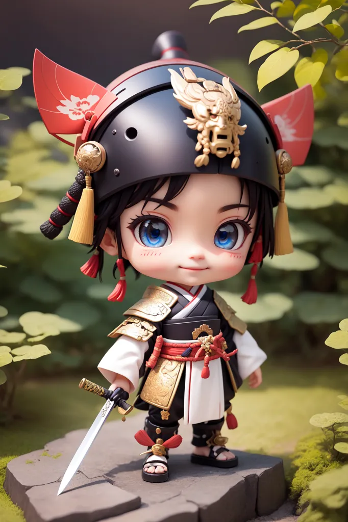 Gambar ini menunjukkan seorang gadis kecil yang mengenakan pakaian samurai. Dia memakai helm hitam dengan lambang merah dan emas, kimono putih dan emas, serta hakama merah dan emas. Dia juga mengenakan sepasang kaus kaki tabi hitam dan sepasang sandal zori. Dia memegang pedang di tangan kanannya dan sarung pedang di tangan kirinya. Dia berdiri di atas sebuah batu di padang rumput hijau, dan ada beberapa daun hijau di latar belakang.