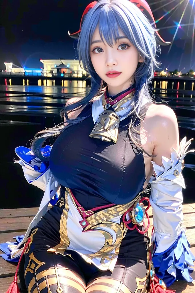 The picture shows a young woman in a revealing outfit. She has long blue hair styled in twintails and blue eyes. She is wearing a black and white bodysuit with a golden bell on the chest. She is also wearing a pair of black boots. She is sitting on a wooden railing in front of a body of water at night. There are city lights in the background and fireworks exploding in the sky.