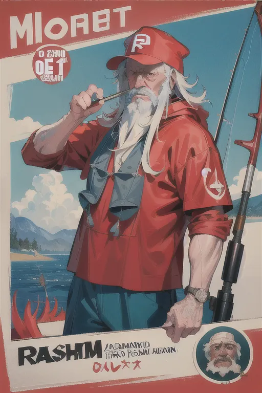 The image is a poster of a man named RASHIM. He is standing on a pier, smoking a pipe, and holding a fishing rod. He is wearing a red hat, a red shirt, and a blue vest. He has a long white beard and a weathered face. The background is a lake with mountains in the distance. The poster is written in a foreign language.