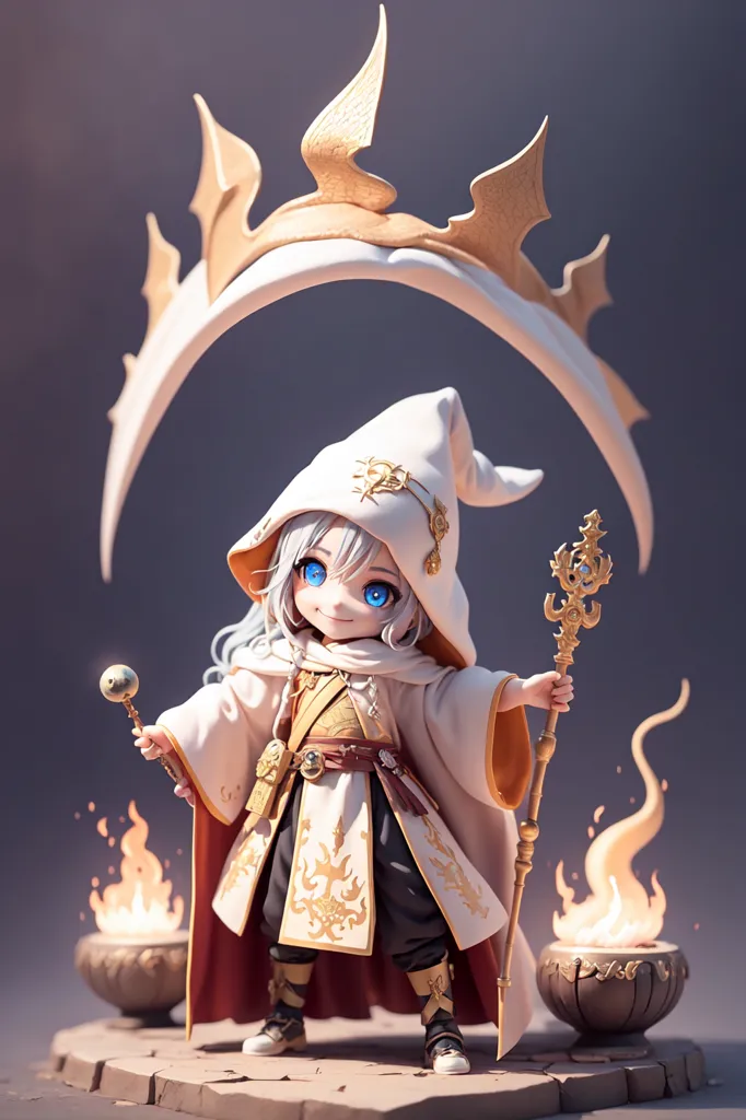 The image shows a little girl dressed as a wizard. She has a white and gold hat and robe, and is holding a staff. She is standing on a stone platform, with two braziers of fire on either side of her. Behind her is a large, crescent-shaped object with flames coming out of it.