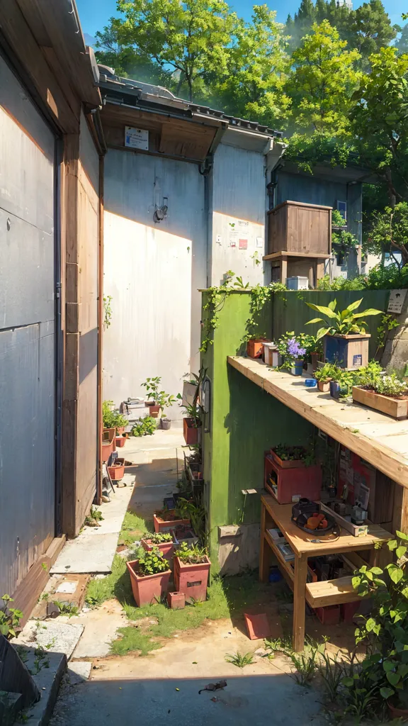 La imagen muestra un callejón estrecho entre dos edificios. Los edificios están hechos de madera y tienen un estilo tradicional japonés. El callejón está pavimentado con piedra y tiene algunas plantas creciendo en él. Hay una cerca de madera a un lado del callejón y una pared verde al otro lado. El callejón está iluminado por el sol, que brilla intensamente.