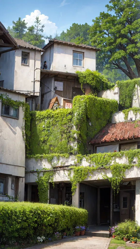 The image shows a group of buildings with overgrown plants on the exterior. The buildings are mostly made of concrete and have a lot of windows. The plants are mostly green and there are some trees in the background. The image is taken from a low angle and there is a blue sky with some clouds in the background.