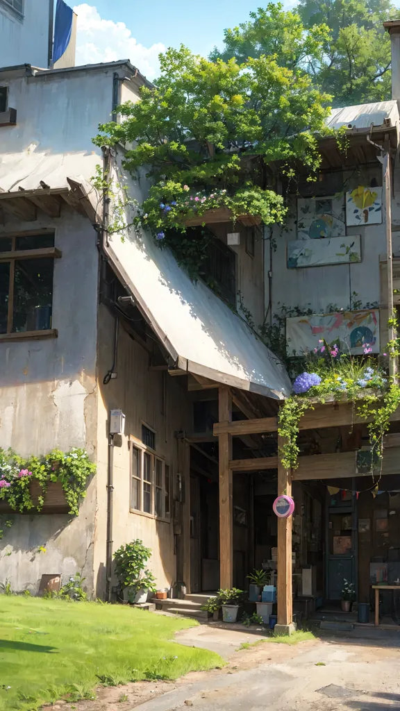 La imagen muestra una casa pequeña de dos pisos con un jardín en la parte delantera. La casa está hecha de madera y tiene un exterior encalado. El jardín está lleno de flores y plantas, y hay un pequeño árbol en la esquina. La casa tiene una puerta azul.