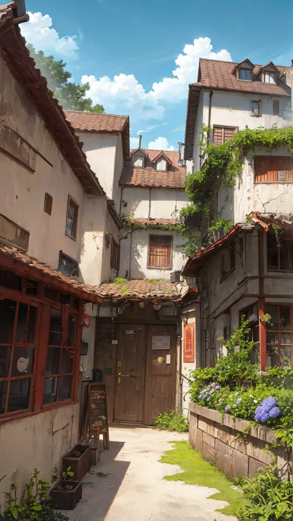 The image is a digital painting of a narrow alleyway in an old European city. The alleyway is lined with tall buildings, most of which are three or four stories tall. The buildings are made of a variety of materials, including brick, stone, and wood. Many of the buildings have wooden shutters or awnings. 

The alleyway is cobbled and there is a wooden door at the end of it. Plants are growing in pots and on windowsills throughout the alleyway, and there are flowers growing on the ground. The sky is blue and there are some clouds in the distance.