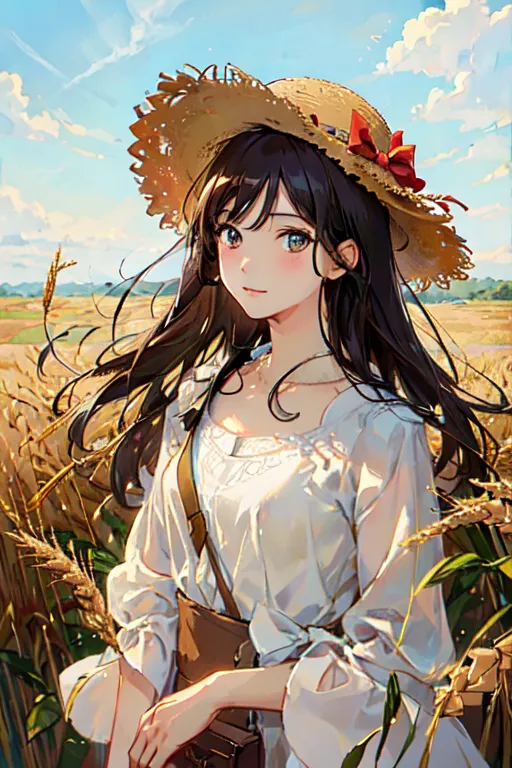 This is an image of a young girl with long dark hair wearing a straw hat with a red ribbon standing in a field of wheat. The girl is wearing a white blouse and a brown skirt. She has a gentle smile on her face. The background of the image is a blue sky with white clouds. The image has a warm and happy feeling to it.