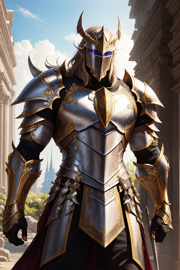 The image shows a knight in full plate armor. The armor is silver and gold, with intricate designs etched into the metal. The knight's helmet is closed, and a visor covers his face. He is wearing a red cape, and there is a sword sheathed at his hip. The knight is standing in a courtyard, with a building in the background.