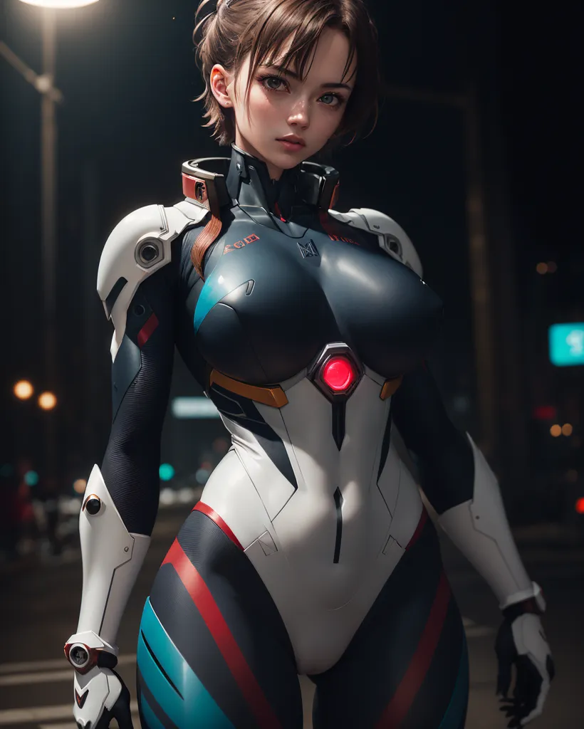 This is an image of a woman wearing a skin-tight, futuristic suit of armor. The suit is white, black, and red, and has several glowing red lights on the chest and arms. The woman has short brown hair and brown eyes, and she is looking at the viewer with a serious expression. She is standing in a dark, urban setting, and there is a street light in the background.