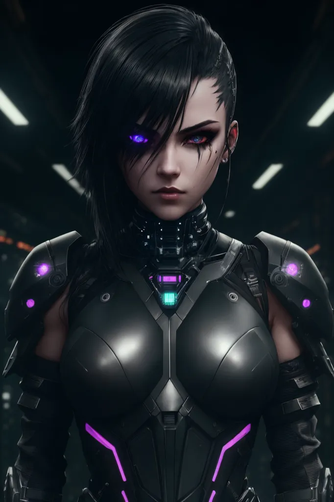 The image is of a young woman with short black hair and purple eyes. She is wearing a black and purple bodysuit with a high collar. The suit has several purple lights on it. She is also wearing a pair of black boots. The woman is standing in a dark room with a purple light shining on her.