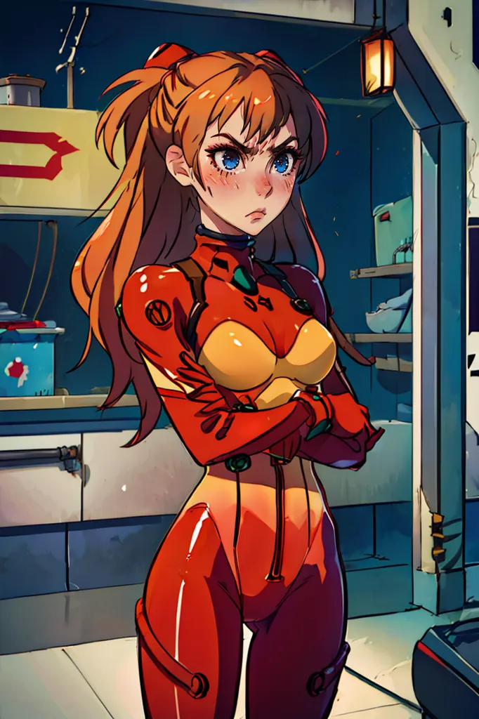 This is an image of a young girl with long orange hair and blue eyes. She is wearing a red and yellow bodysuit with a high collar. The bodysuit has a zipper in the front and is sleeveless. She is also wearing a pair of black boots. The girl is standing in a room with a blue wall and a white floor. There is a shelf on the wall behind her and a machine on the floor. The girl is looking at the viewer with a serious expression.