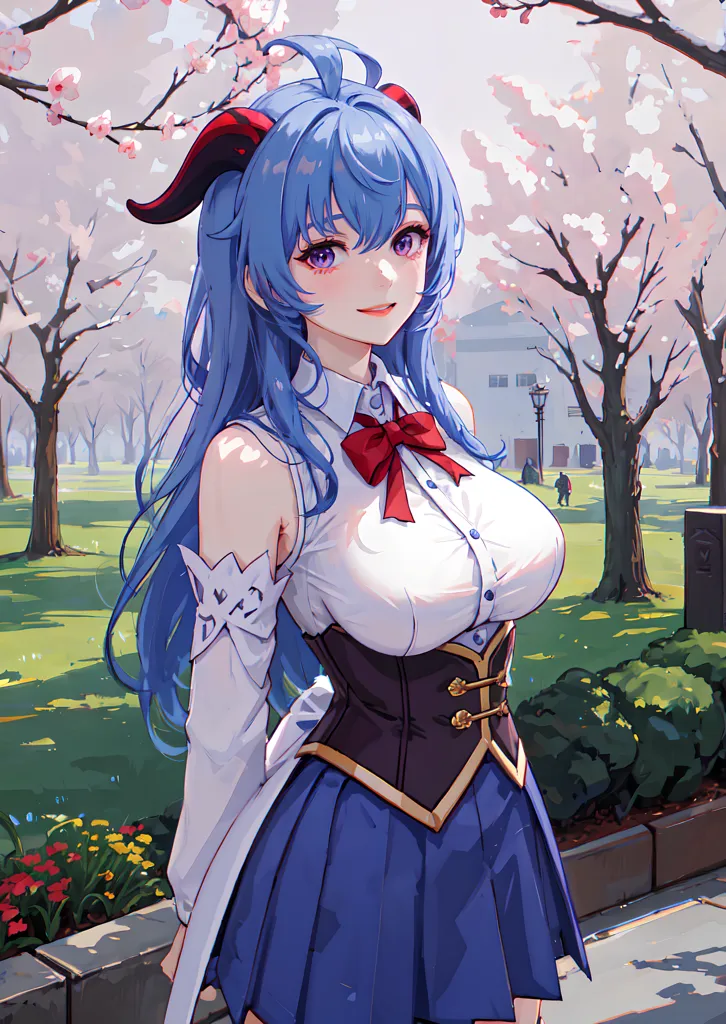 The image is of an anime girl with long blue hair and red horns. She is wearing a white blouse, a blue skirt, and a brown corset. She is standing in a park with cherry blossoms. There are two people in the background.