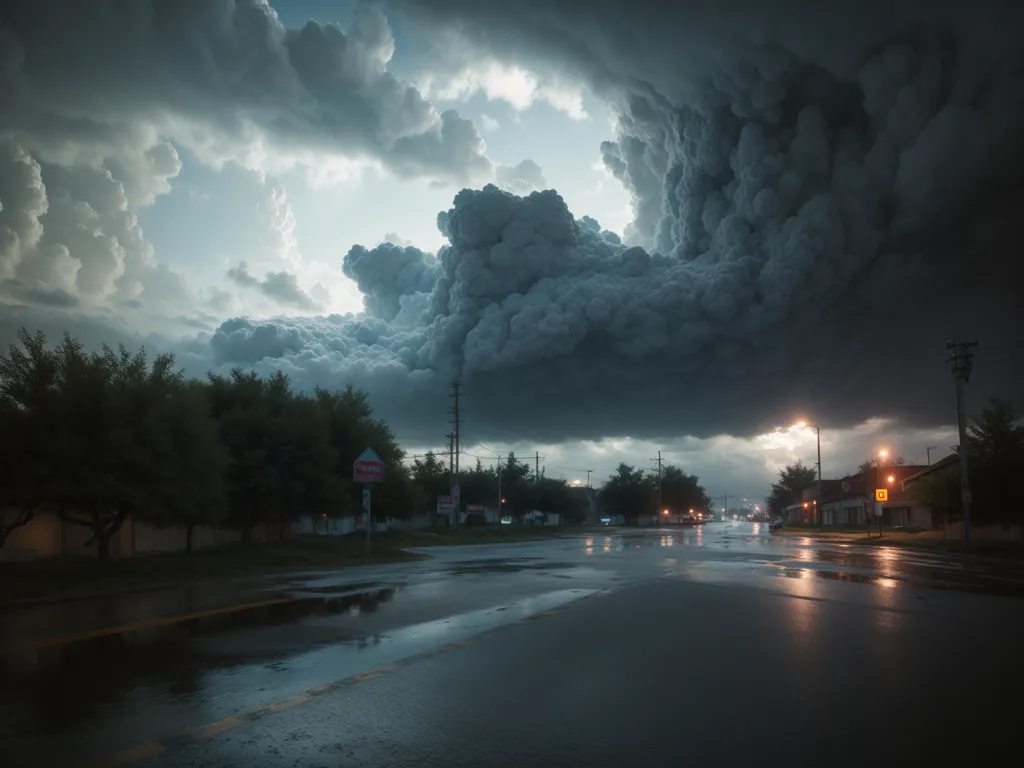 La imagen muestra una noche oscura y tormentosa. El cielo está lleno de nubes espesas y negras, y la lluvia cae a raudales. El viento azota los árboles y la luz se ha ido. La única iluminación proviene de las farolas, que parpadean con el viento. La carretera está vacía, a excepción de algunos coches aparcados a un lado. La escena es de desolación y penumbra.