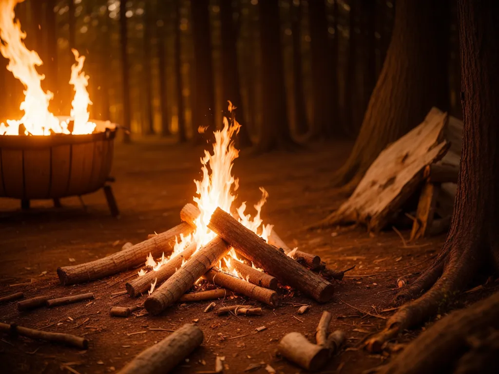 There is a bonfire burning in a forest. The fire is surrounded by trees. There is a large log on the left side of the fire and a metal fire pit on the right side of the fire. The fire is burning brightly and there are flames coming out of it. The light from the fire is casting shadows on the trees.