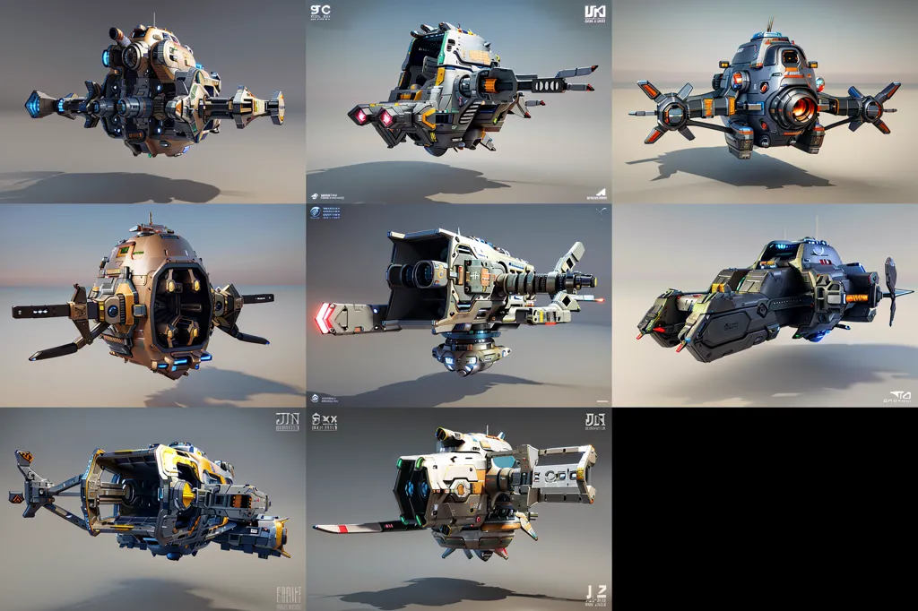 The image shows nine spaceship concept art in a 3x3 grid. The spaceships are all different shapes and sizes, but they all have a sleek, futuristic design. They are mostly colored in grey and brown, with some orange and yellow highlights. The images are all rendered in high detail, and they look very realistic.