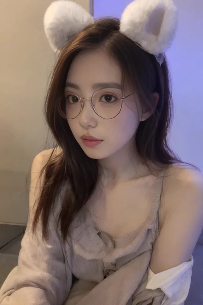 The image shows a young woman with long brown hair and glasses. She is wearing a white shirt and a beige cardigan. She has a pair of furry white cat ears on her head. She is looking at the camera with a slight smile on her face. The background is blurry and light blue in color.