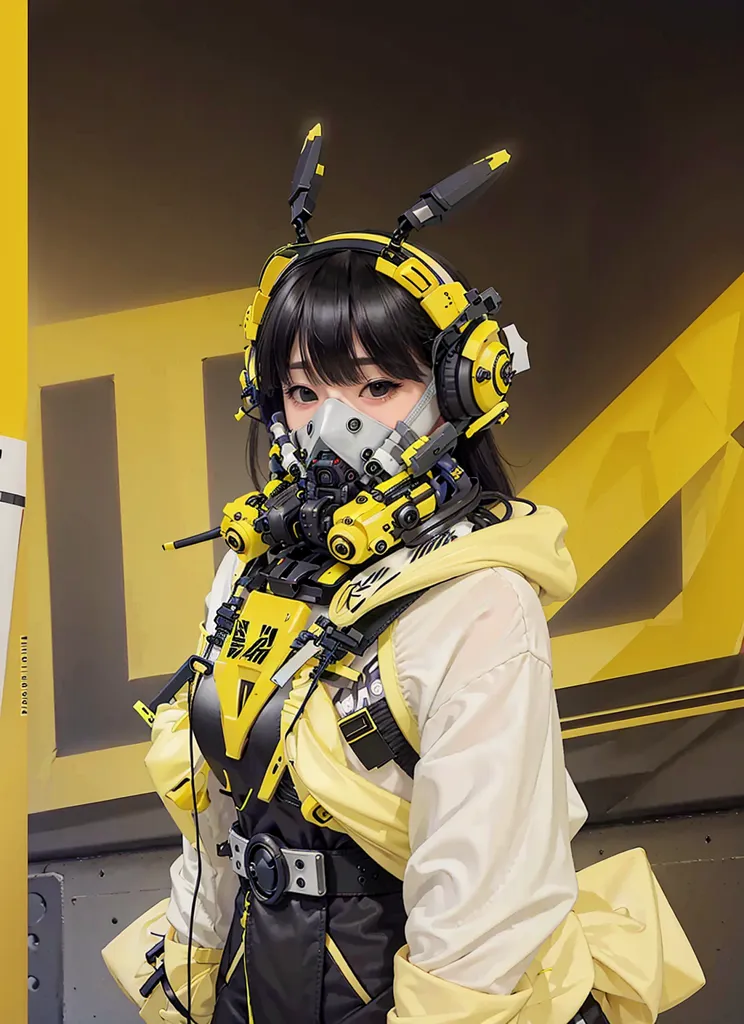 Esta é uma imagem de uma jovem mulher usando um traje futurista. Ela está usando um macacão amarelo e preto, uma máscara preta e um par de óculos de proteção. Seu cabelo é preto e curto. Ela também está usando um par de fones de ouvido. O fundo é amarelo com algumas linhas pretas.