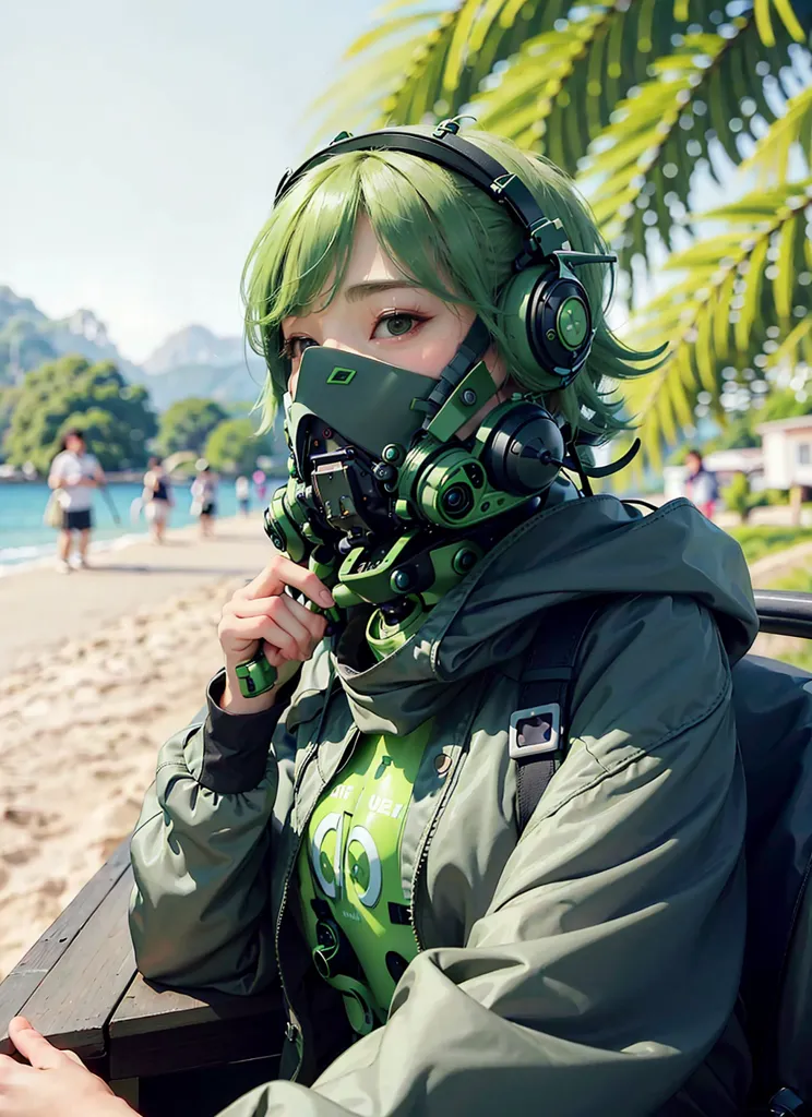 The image shows a young woman with green hair and eyes. She is wearing a green mask, a green jacket, and headphones. She is sitting on a bench in a tropical setting. There are palm trees in the background and people walking on the beach. The woman is looking at the camera.