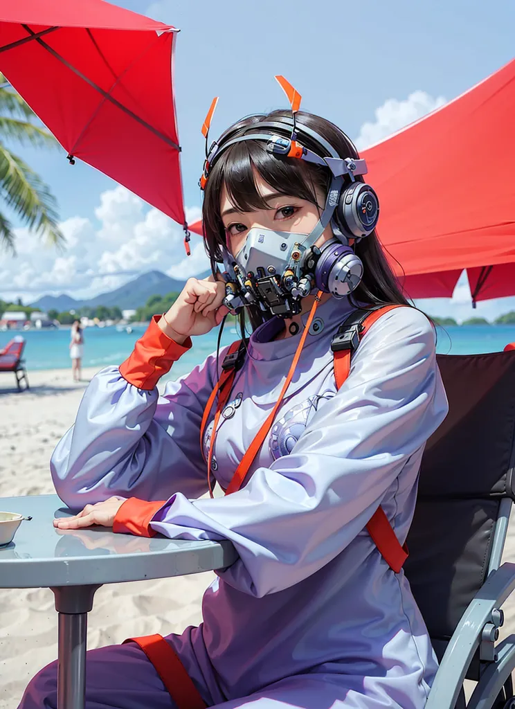 A woman is sitting on a beach. She has brown hair and is wearing a white futuristic outfit. She is also wearing a gas mask and headphones. There is a red umbrella on the beach and a blue ocean in the background.