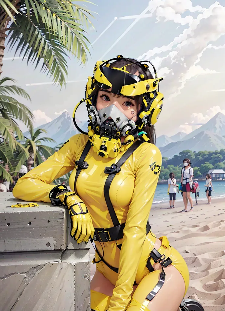 This is an image of a woman in a yellow hazmat suit and a black and yellow helmet. She is standing on a beach, with palm trees and mountains in the background. There are people walking on the beach in the distance. The woman is looking at the camera.