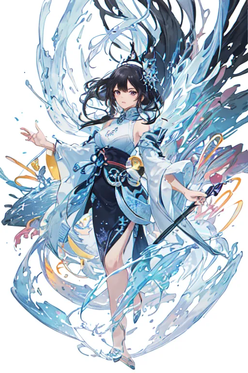 La imagen muestra a una chica de estilo anime con el cabello negro y largo y ojos azules. Lleva un kimono blanco y azul con un obi azul y blanco. También lleva un sombrero blanco y azul con una cinta azul. Está de pie en un charco de agua y hay una ola de agua detrás de ella. Sostiene un bastón en su mano derecha.