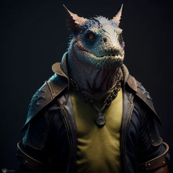 The image is a portrait of a reptilian humanoid wearing a yellow shirt and a black leather jacket with studs and spikes on the shoulders. The creature has green scales, yellow eyes, and a mouth full of sharp teeth. It is also wearing a necklace with a silver pendant. The background is a dark grey.