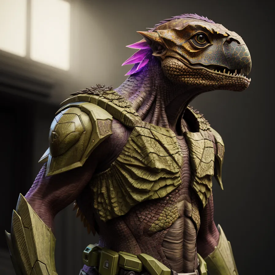 The image is a 3D rendering of a reptilian humanoid creature. The creature is standing in a dark room with a single light source on the left side of the image. The light is casting shadows across the creature's face and body, revealing its muscular build and reptilian features. The creature's skin is a light green color, with darker green scales on its back and arms. Its eyes are a deep purple color, and its teeth are sharp and white. The creature is wearing a suit of armor, which covers its chest, shoulders, and arms. The armor is made of a dark green metal, and it has a reptilian-like design. The creature is also wearing a belt with a pouch on the right side. The pouch is made of a brown leather, and it is decorated with metal studs.