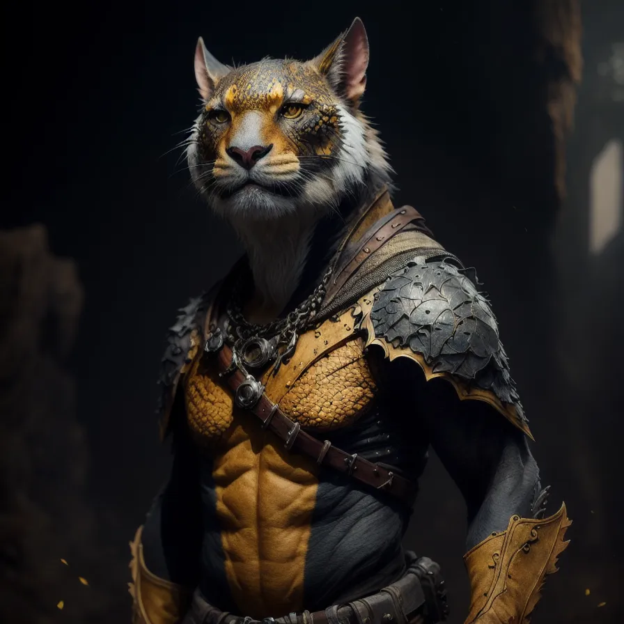 The image shows a muscular anthropomorphic tiger-like creature. It is wearing a breastplate and a shoulder pad made of metal plates. It has a chain around its neck and a belt with a pouch on its waist. Its fur is orange, black, and white. Its eyes are yellow. It is standing in a dark place. There is a bright light coming from the right side of the image.