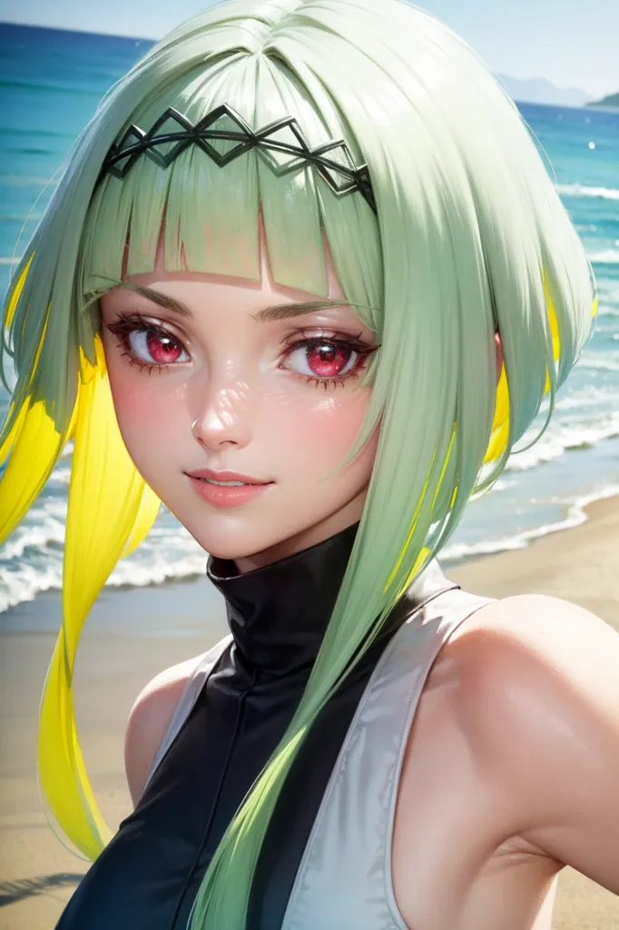 The image shows a young woman with green and yellow hair. She is wearing a white tank top and has a black choker around her neck. She is standing on a beach and looking at the camera. The water is a bright blue color and the sand is white. The sky is blue and there are some clouds in the distance.