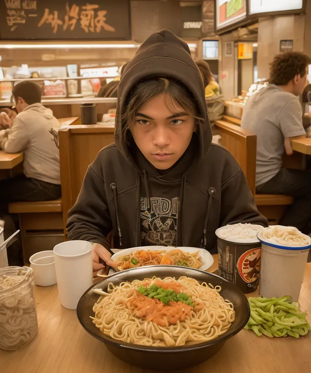 The image shows a young man sitting in a restaurant. He is wearing a black hoodie and has long hair. He is eating a large bowl of noodles. The bowl is so large that it is almost as big as his head. The man is looking at the camera with a serious expression. There are other people in the restaurant, but they are not as prominent as the man in the hoodie.