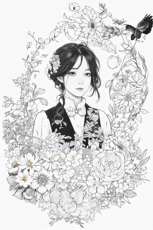 The picture shows a young woman with long black hair. She is wearing a traditional Chinese dress with a white collar. The woman is standing in a garden of flowers. There are many different types of flowers, including roses, peonies, and chrysanthemums. The flowers are all in bloom and they are very beautiful. The woman is looking at the flowers with a smile on her face. She seems to be very happy and content. In the background, there is a bird. The bird is black and it is flying towards the woman. The bird seems to be very happy and content.