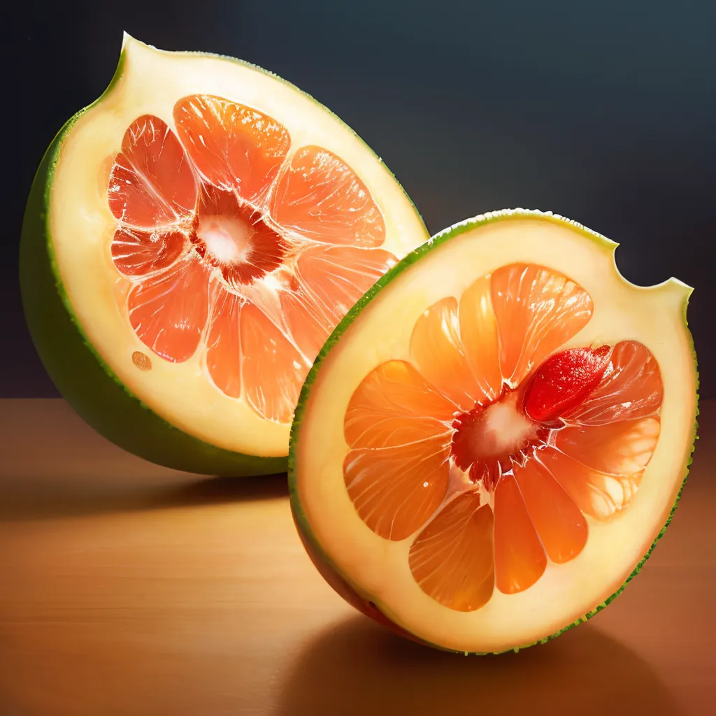 This is a photo of two halves of a citrus fruit. The outer rind of the fruit is green and the flesh is a deep pink color. The fruit is cut in half and the halves are sitting on a brown surface. The background is a dark green color.