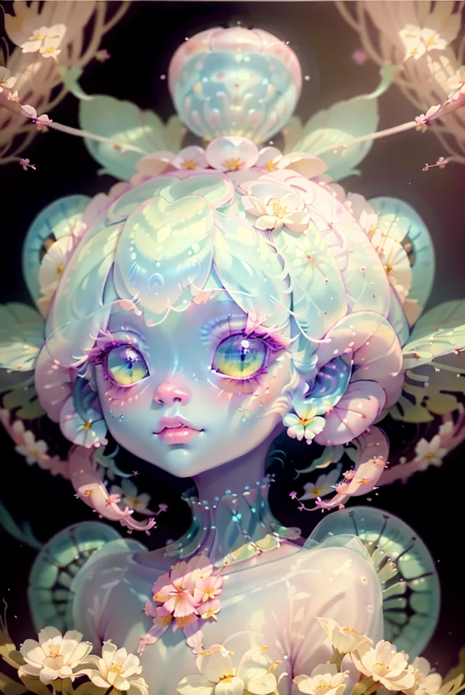 The image is a painting of a beautiful fairy-like creature with light blue skin and large yellow eyes. She has long, flowing white hair and is wearing a dress made of leaves and flowers. She is surrounded by a variety of flowers and plants, and there is a large, glowing orb above her head. The painting is done in a soft, ethereal style, and the colors are very vibrant. The overall effect is one of beauty and serenity.