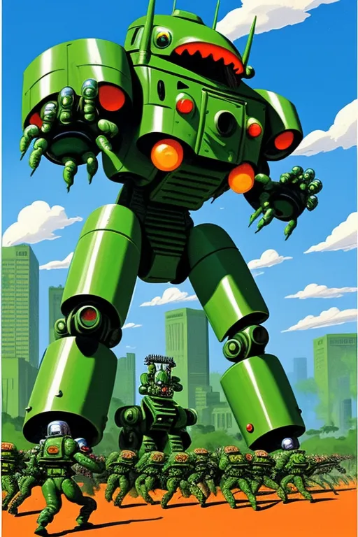 The image shows a giant green robot standing in a city. The robot has a large head with a mouth that is open and showing teeth. It also has two large arms and two large legs. The robot is standing on a group of smaller green robots that are crawling on the ground. In the background, there is a city with tall buildings. The sky is blue and there are some clouds in the sky.