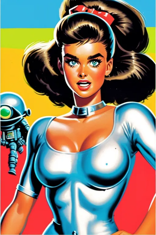 This is a picture of a beautiful woman with long dark hair and blue eyes. She is wearing a silver bodysuit with a high collar. She has a robot on her right side. The background is yellow, green, blue, and red. The picture is in a comic book style.