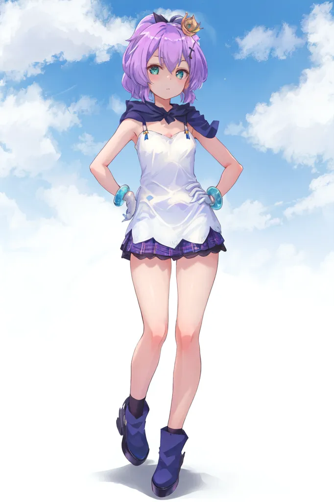 The image is of a young girl with purple hair and green eyes. She is wearing a white dress with a purple skirt and a white and purple hat. She is also wearing black boots and has a purple bow in her hair. She is standing in a field of grass with a blue sky and white clouds in the background.