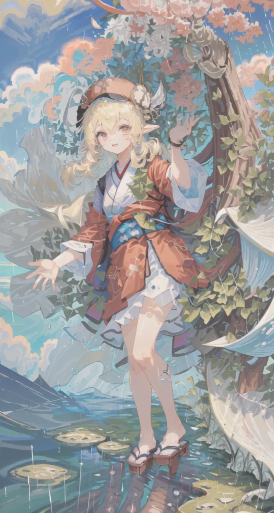 The image is a painting of a young girl in a kimono standing in a forest. The girl has long blonde hair and green eyes, and she is wearing a red and white kimono with a floral pattern. She is also wearing a pair of geta sandals. The girl is standing in a forest, and there are trees and flowers all around her. The background of the image is a blue sky with white clouds. The image is very detailed, and the artist has used a variety of colors to create a beautiful and vibrant scene.