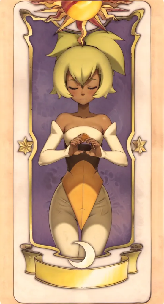 The image is of a young woman with green hair and brown skin. She is wearing a white and yellow outfit. The woman is standing in front of a purple background with a sun and moon symbol at the top and a crescent moon at the bottom. There is also a star on either side of the woman.