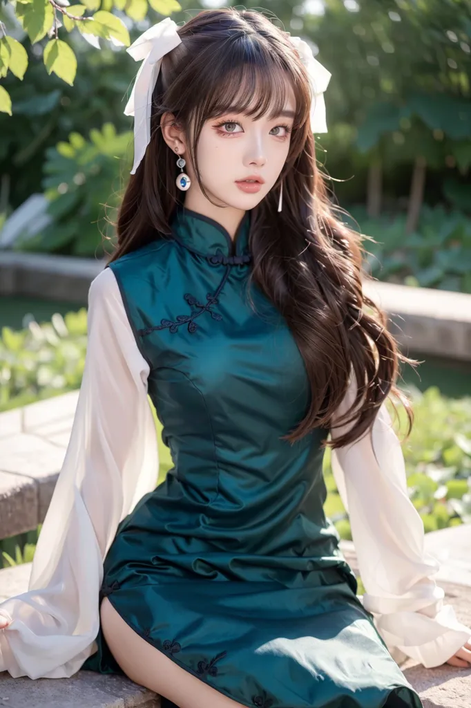 The image shows a young woman with long dark hair and bangs. She is wearing a green cheongsam with white sleeves and a white collar. The cheongsam is decorated with blue and green embroidery. She is also wearing a white bow in her hair and blue earrings. She is sitting on a stone bench in a garden. There are green plants and trees in the background.